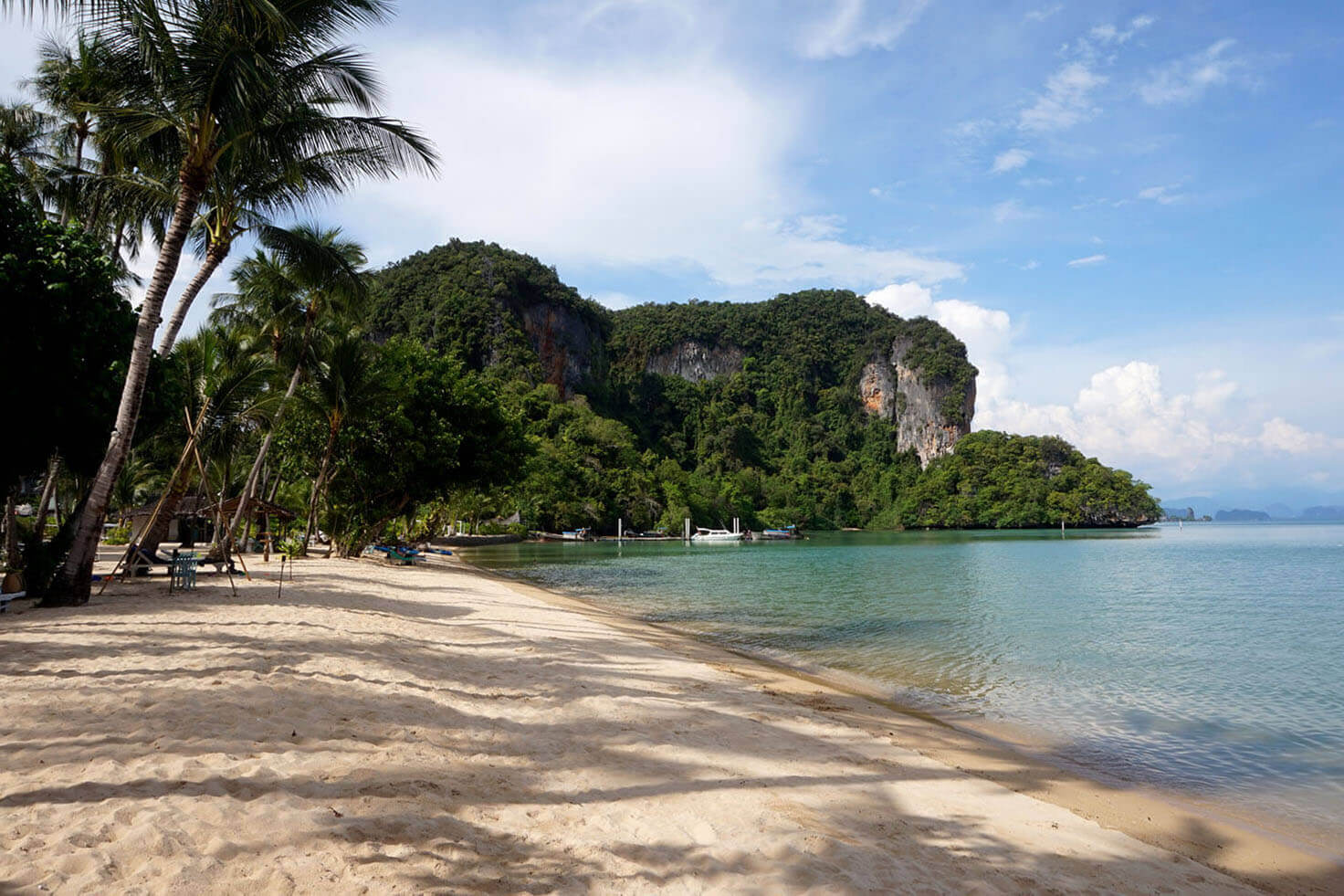 A calm beach on Koh Yao Yai looking across Phang Nga Bay to the limestone cliffs