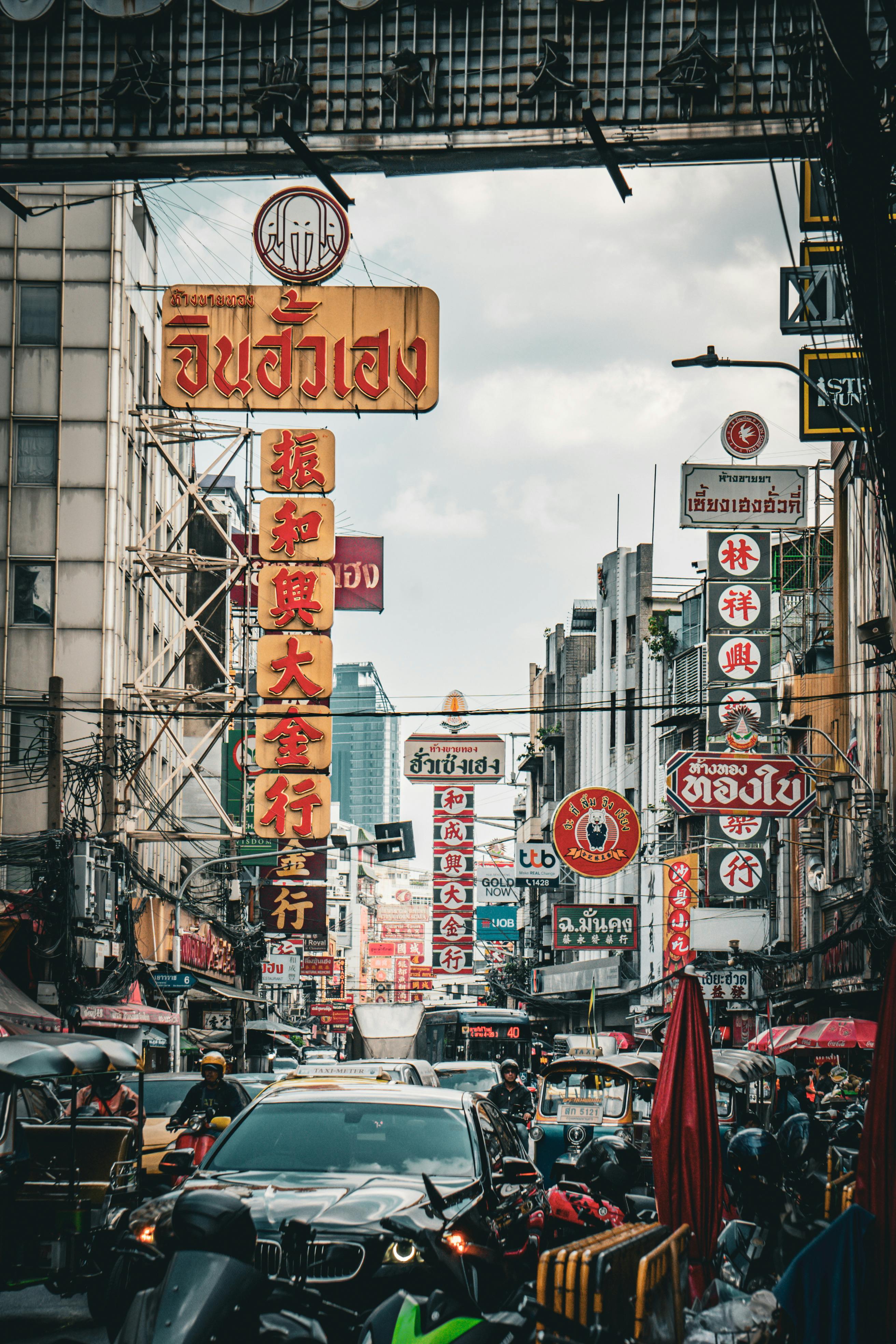 Street food stalls along Yaowarat Road in Bangkok's Chinatown at night